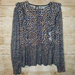 Anthropologie Leopard Print Long Sleeve Top - Blue and Brown